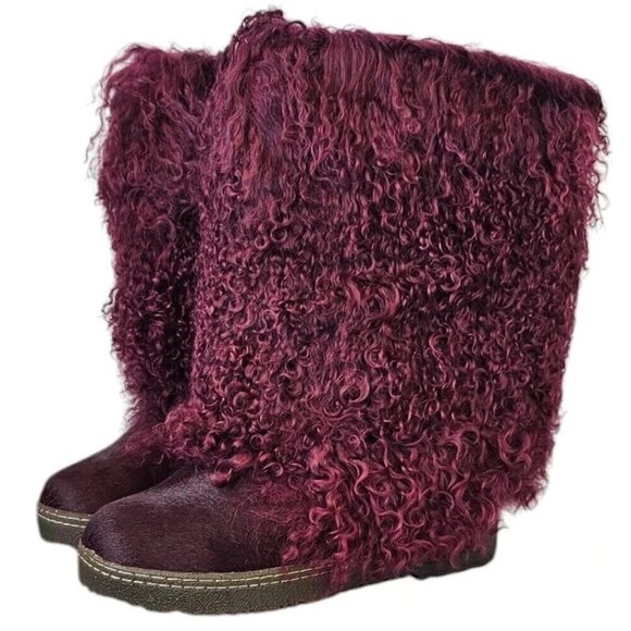 Bearpaw Boetis II Purple Wine Curly Lamb Fur Sheepskin Lined Mongolian Boots 7 - Picture 4 of 9